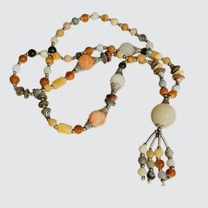 Boho Beaded Necklace Multi Gemstone Tassel‎ Pendant Statement